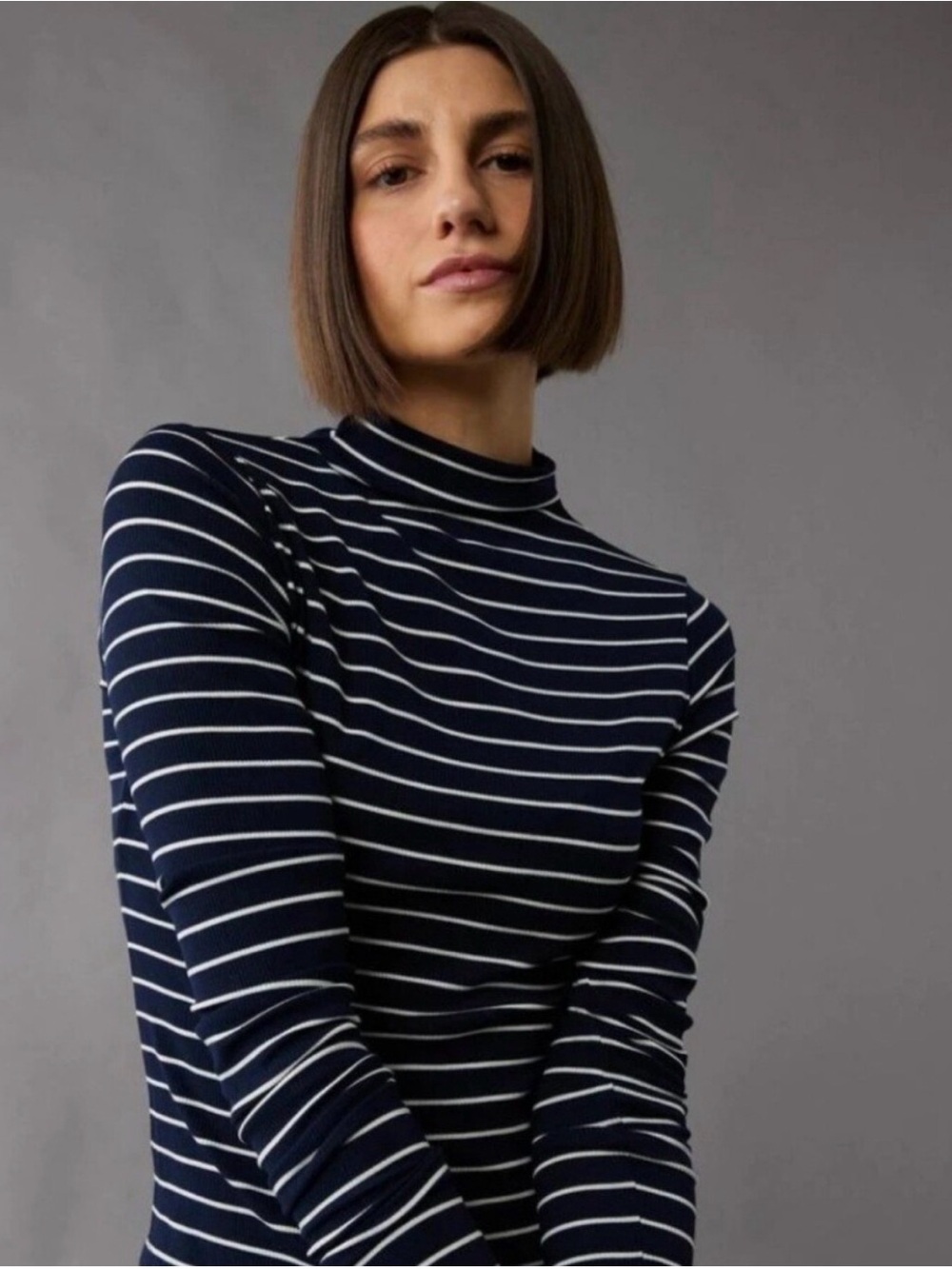 American eagle Striped Mock Neck Long Sleeve Top - Navy/White